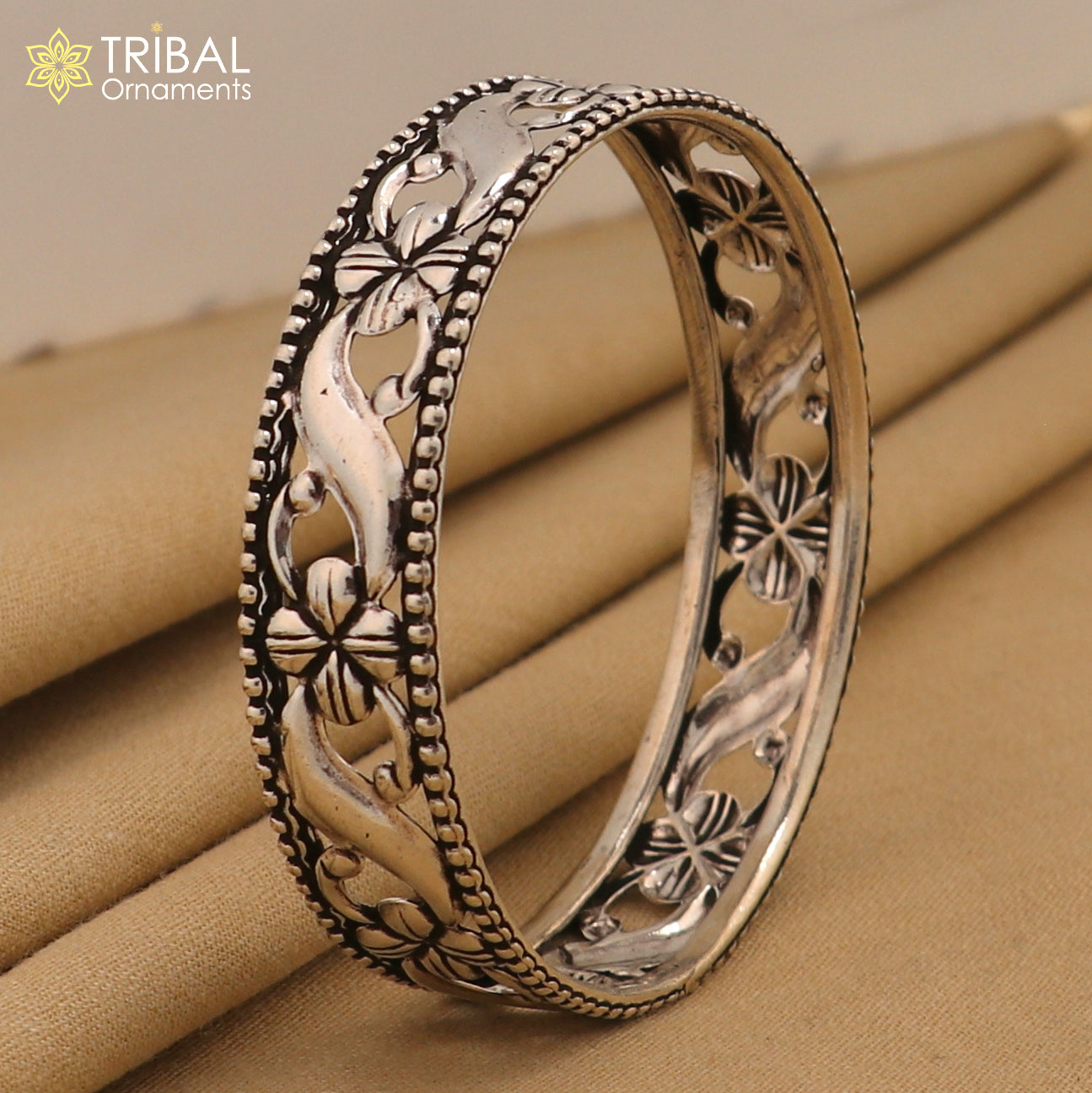 925 sterling silver Floral style bangle bracelet kada ethnic stylish tribal jewelry nba394 - TRIBAL ORNAMENTS