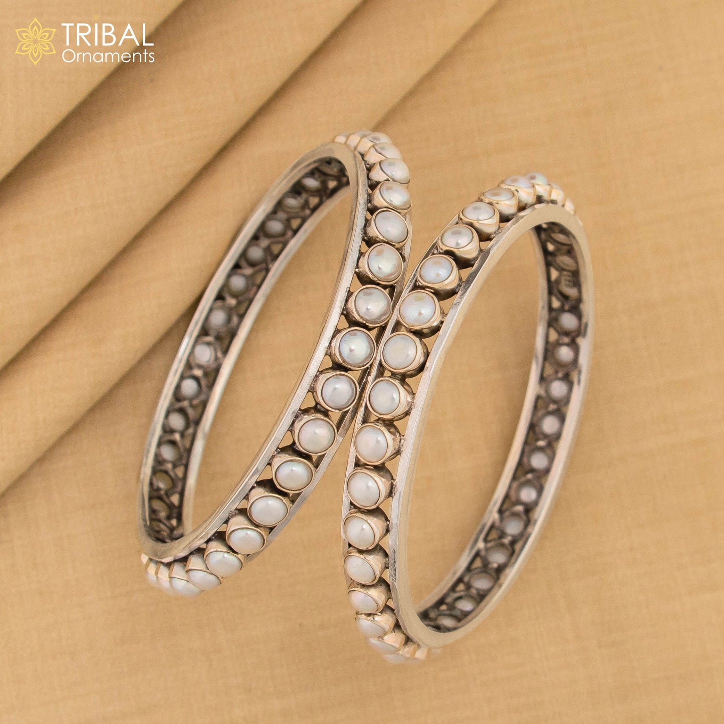 925 sterling silver pearl bangle bracelet with oxidized finish, customized bridal jewelry from Tribal Ornaments, elegant Indian design