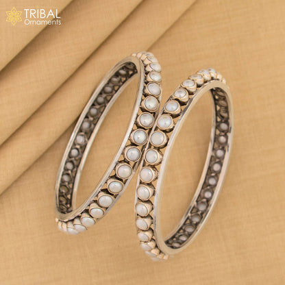 925 sterling silver pearl bangle bracelet with oxidized finish, customized bridal jewelry from Tribal Ornaments, elegant Indian design