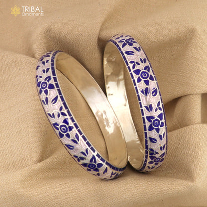 Handcrafted 925 sterling silver bangles with multicolor enamel flower design, featuring intricate tribal ornament craftsmanship.