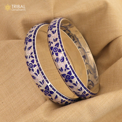 Handcrafted 925 sterling silver bangles with multicolor enamel flower design by TRIBAL ORNAMENTS.