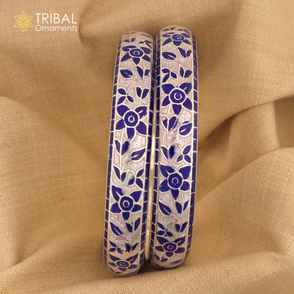 Sterling silver handcrafted bangle bracelet with multicolor enamel flower design by TRIBAL ORNAMENTS.