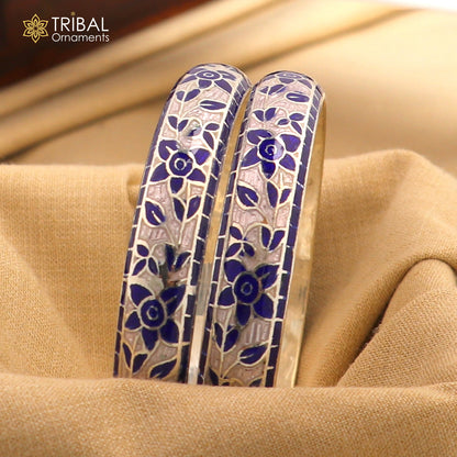925 sterling silver bangle bracelet with multicolor enamel flower design, handcrafted tribal ornaments jewelry.