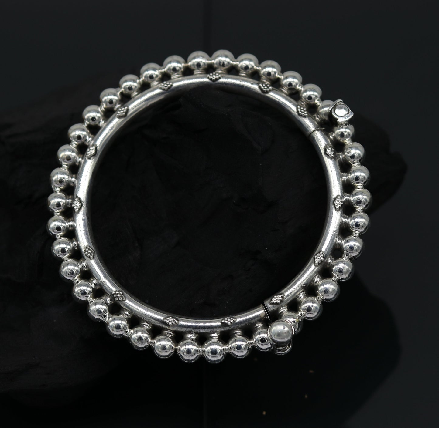 Sterling silver beaded bangle bracelet with customized tribal design by TRIBAL ORNAMENTS, perfect for bridesmaids or gifts.