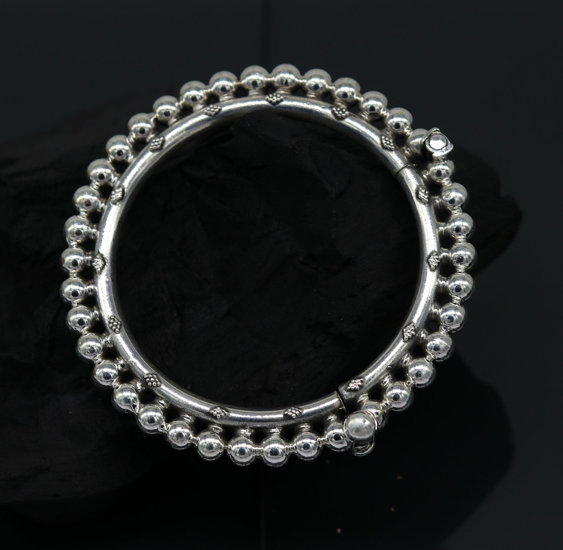 Sterling silver beaded bangle bracelet with customized tribal design by TRIBAL ORNAMENTS, perfect for bridesmaids or gifts.