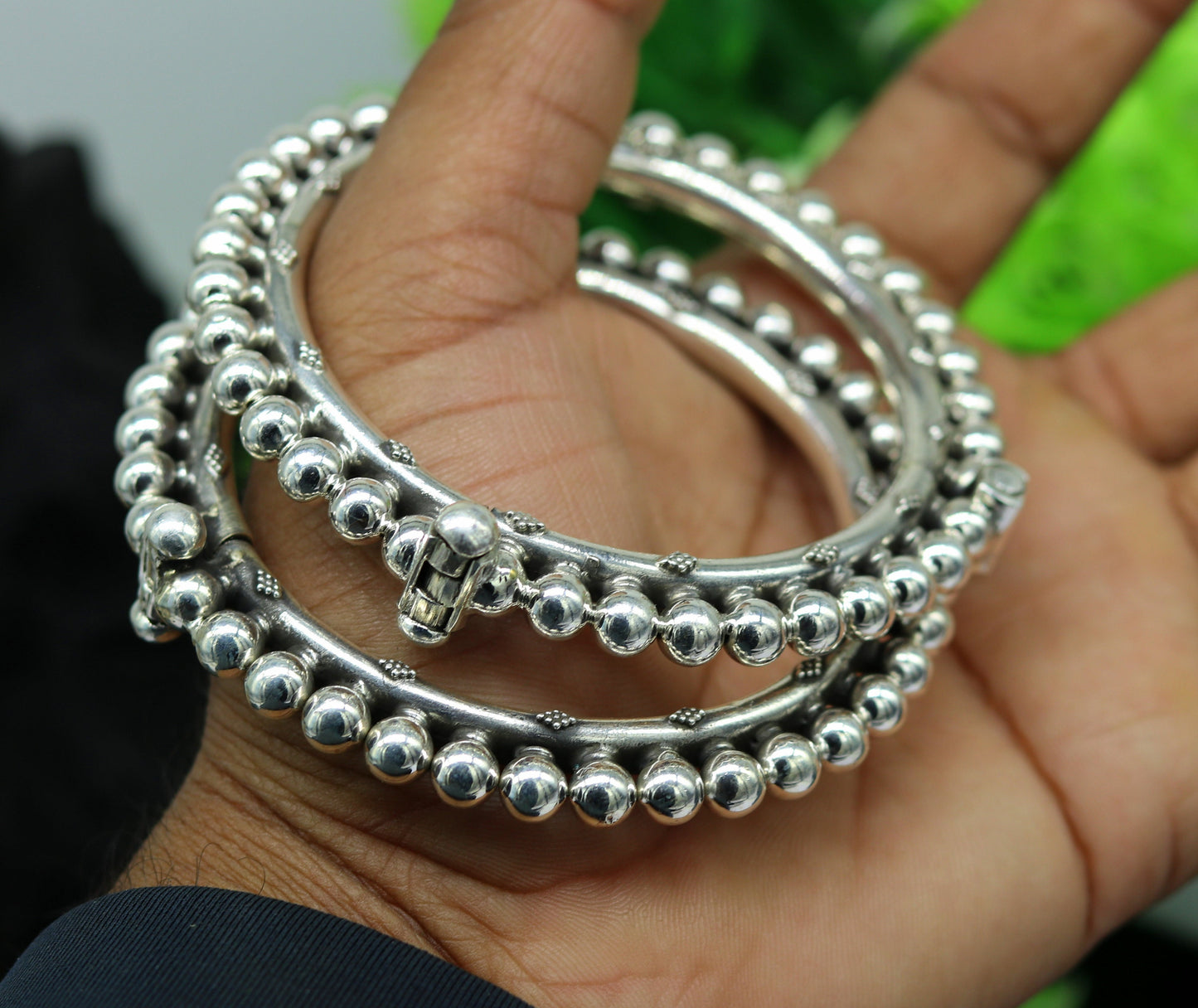 Sterling silver beaded bangle bracelet with customized tribal design, handmade jewelry perfect for bridesmaids or special gifts.