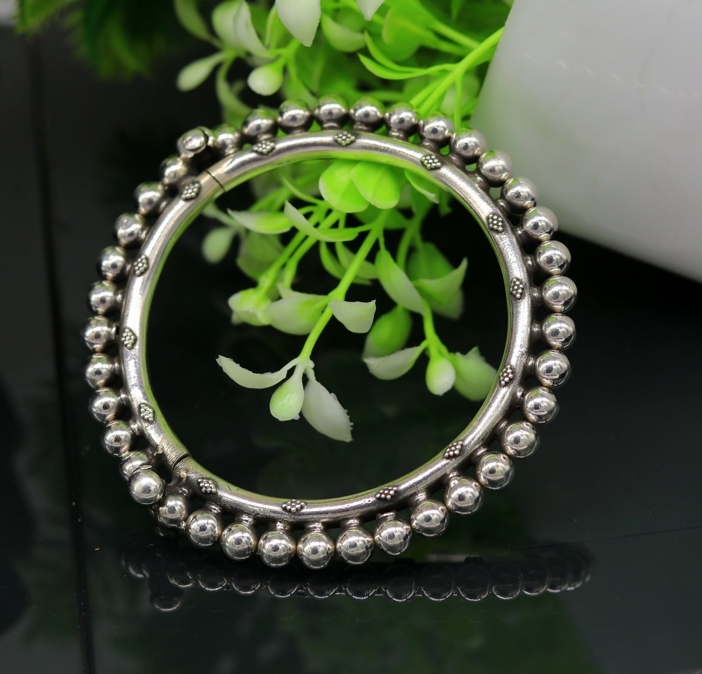 Handmade 925 sterling silver beaded bangle bracelet with customized tribal design, perfect for bridesmaids or tribal jewelry gifts.