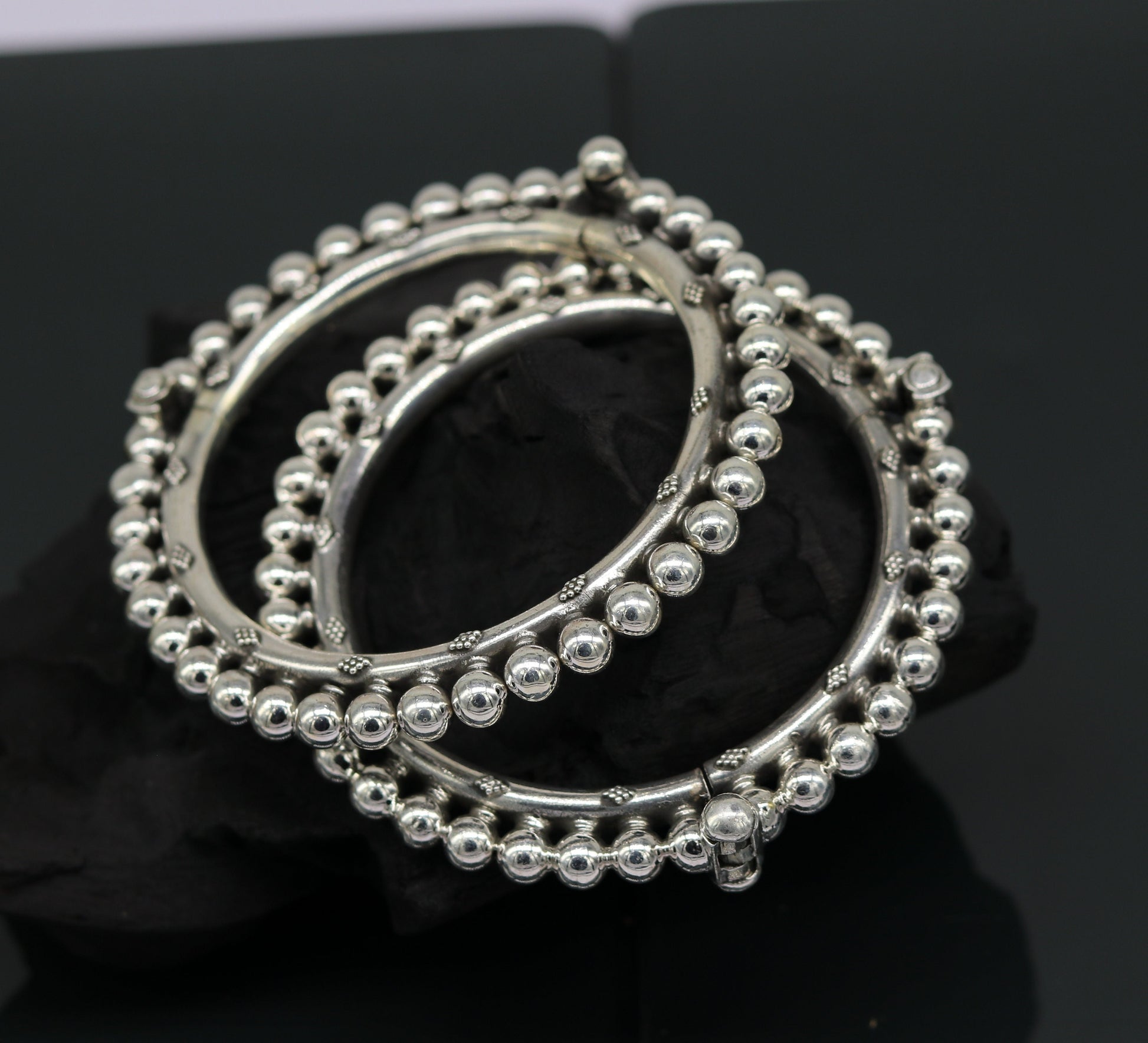 Sterling silver beaded bangle bracelet with customized tribal design, handmade vintage jewelry perfect for bridesmaids or gifts.