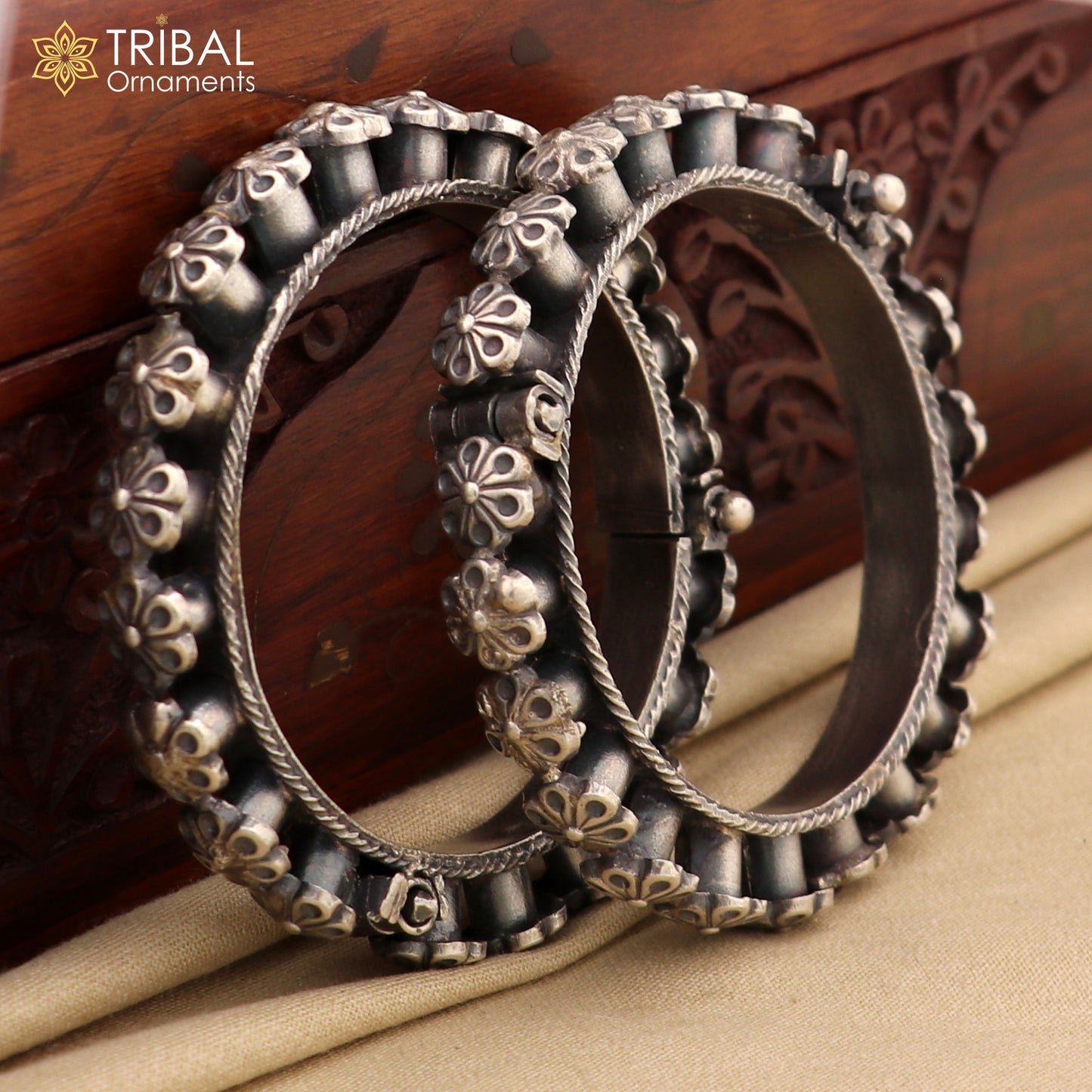 925 sterling silver tribal floral bangle bracelet by TRIBAL ORNAMENTS, featuring intricate cultural design for brides and wedding jewelry.