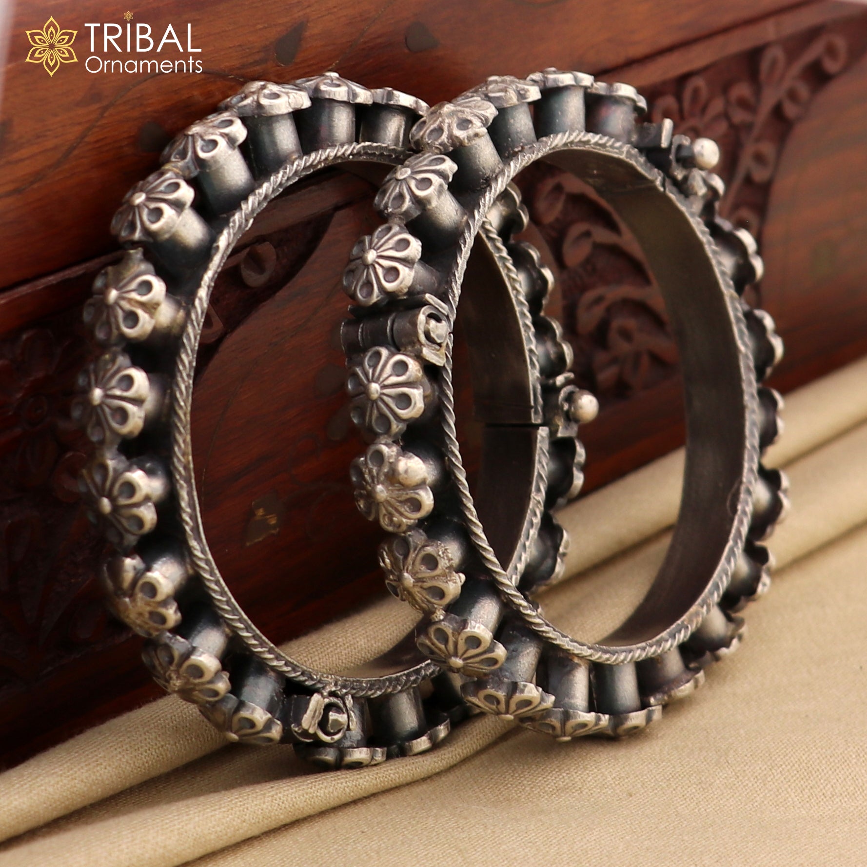 925 sterling silver tribal floral bangle bracelet by TRIBAL ORNAMENTS, featuring intricate cultural design for brides and wedding jewelry.