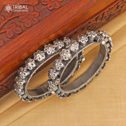 Sterling silver tribal floral bangle bracelet with intricate design, ideal for brides and wedding jewelry, from TRIBAL ORNAMENTS.