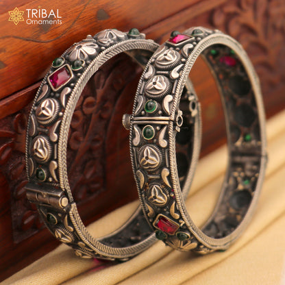 Sterling silver vintage pink stone bangle bracelet with tribal design, stylish and elegant jewelry by TRIBAL ORNAMENTS.