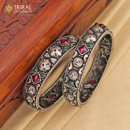 Sterling silver vintage pink stone bangle bracelet with tribal design, stylish and stunning jewelry by TRIBAL ORNAMENTS.