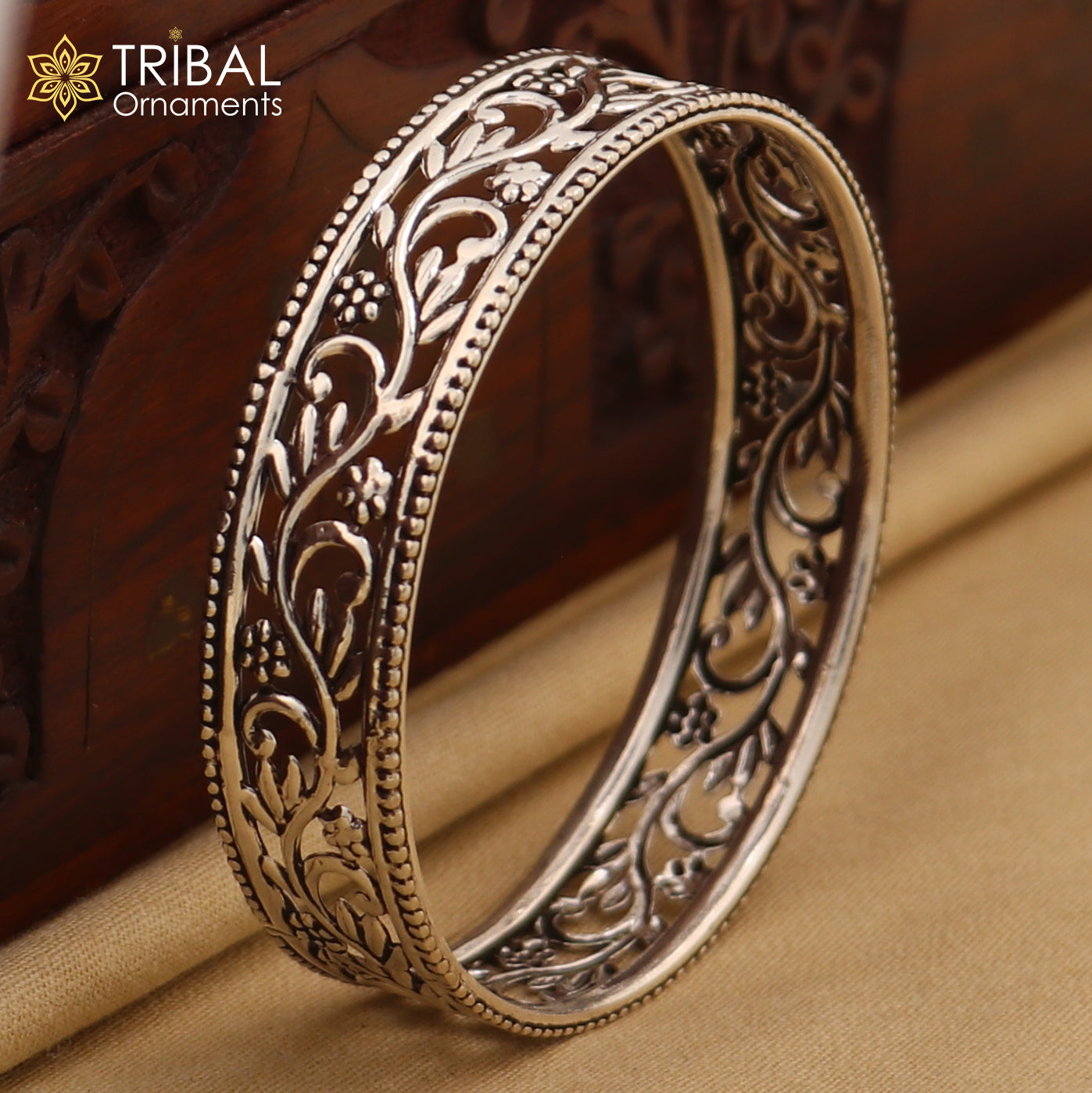 925 sterling silver Wide floral design customized bangle bracelet kada, ethnic stylish functional jewelry nba393 - TRIBAL ORNAMENTS