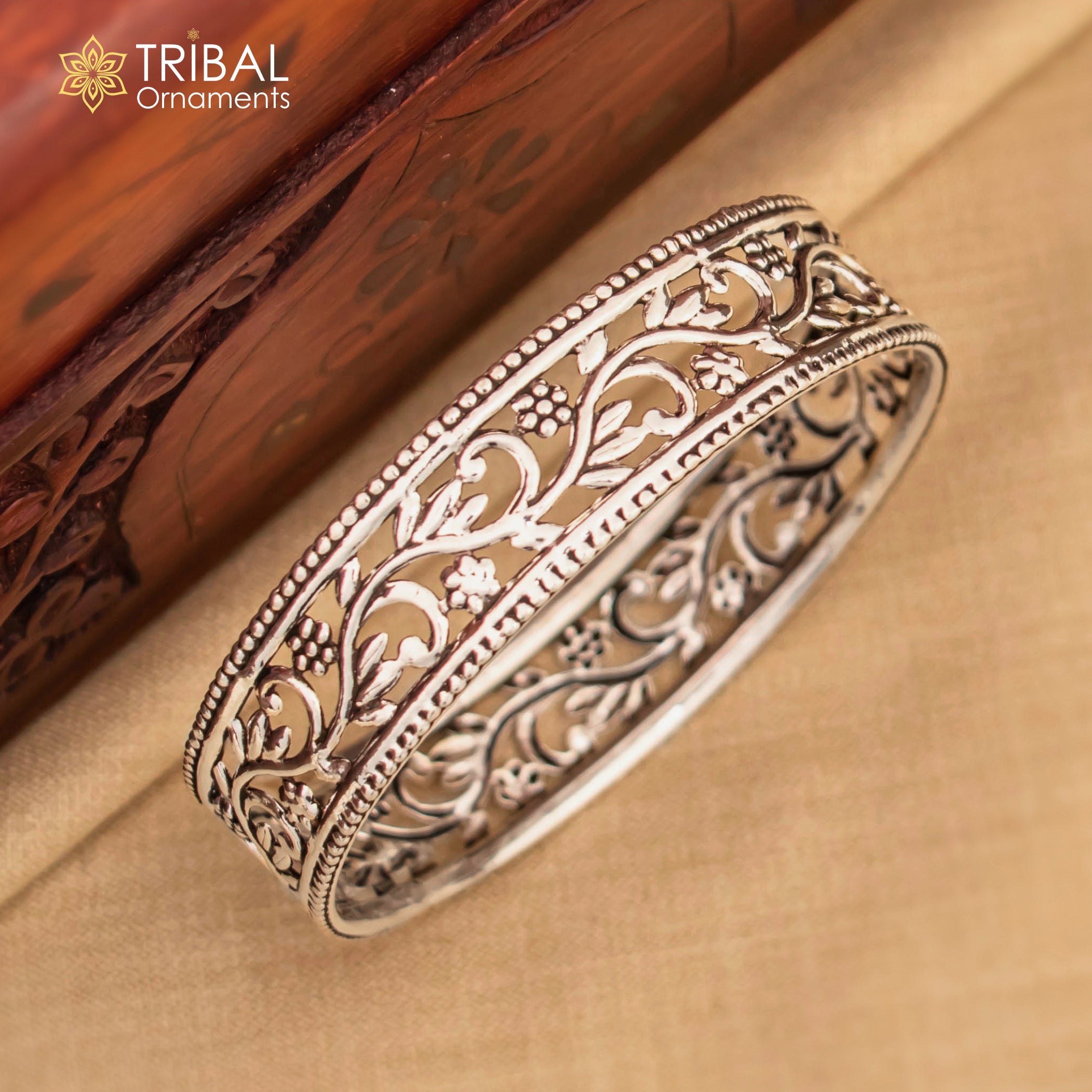925 sterling silver Wide floral design customized bangle bracelet
