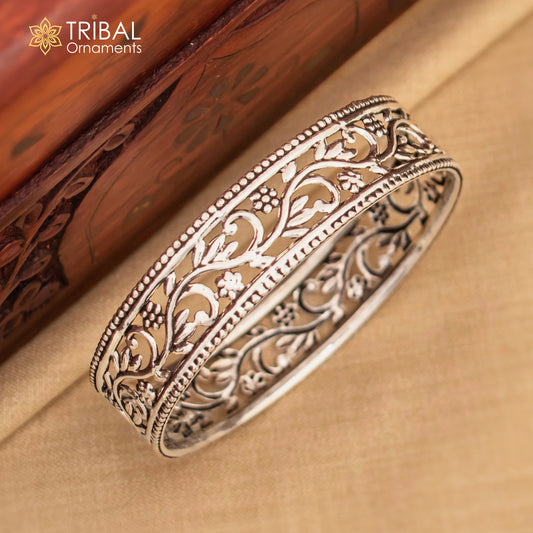 925 sterling silver Wide floral design customized bangle bracelet kada, ethnic stylish functional jewelry nba393 - TRIBAL ORNAMENTS