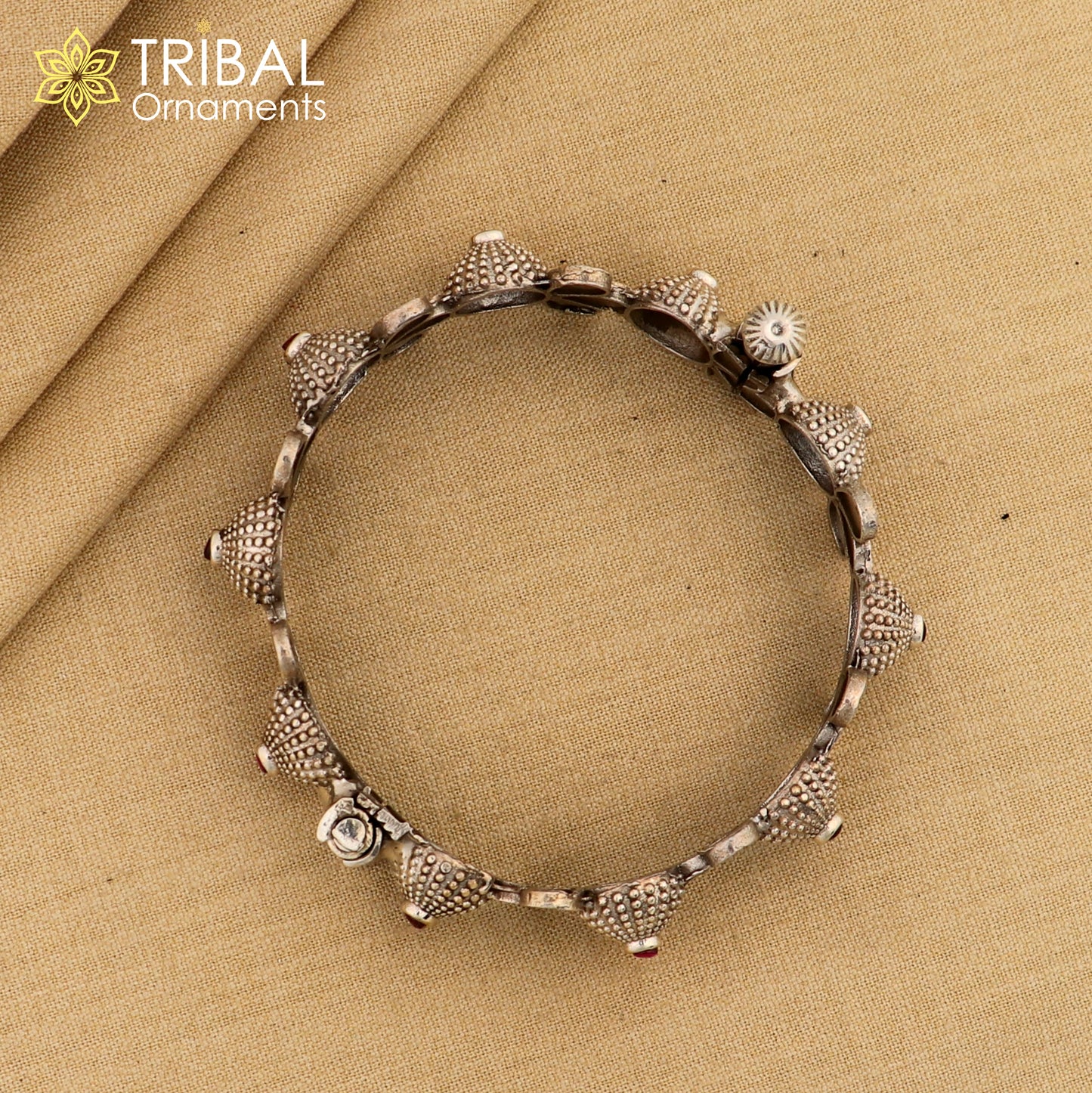 Sterling silver tribal bangle bracelet with red stone accents, traditional wedding jewelry by TRIBAL ORNAMENTS.