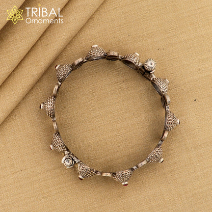 Sterling silver tribal bangle bracelet with red stone accents, traditional wedding jewelry by TRIBAL ORNAMENTS.