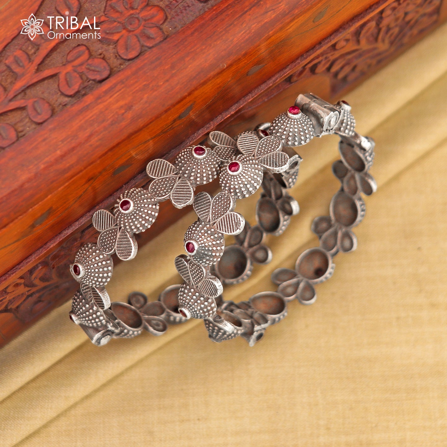 925 sterling silver tribal bangle bracelet with intricate red stone work, traditional design, ideal for wedding jewelry.