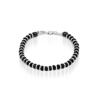 Sterling silver black bead Nazariya bracelet or anklet from TRIBAL ORNAMENTS, designed for protection and newborn baby jewelry.