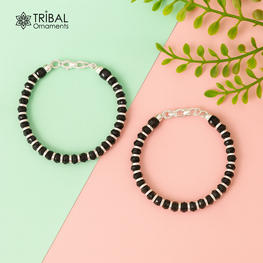 925 sterling silver black beads Nazariya double use bracelet or anklet, protect from evil eyes, new born baby bracelet bbr505 - TRIBAL ORNAMENTS