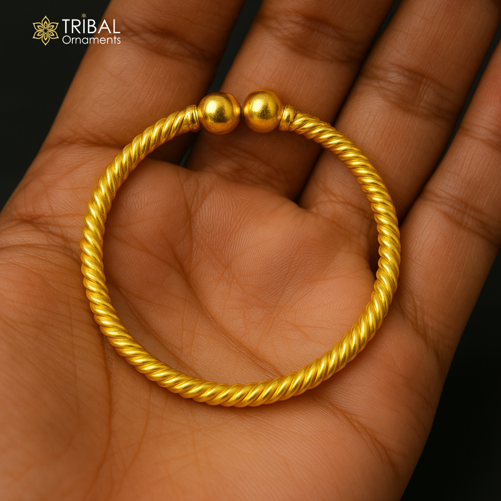 22K yellow gold handmade baby bangle with vintage ball face design, hallmarked, for kids, by TRIBAL ORNAMENTS.