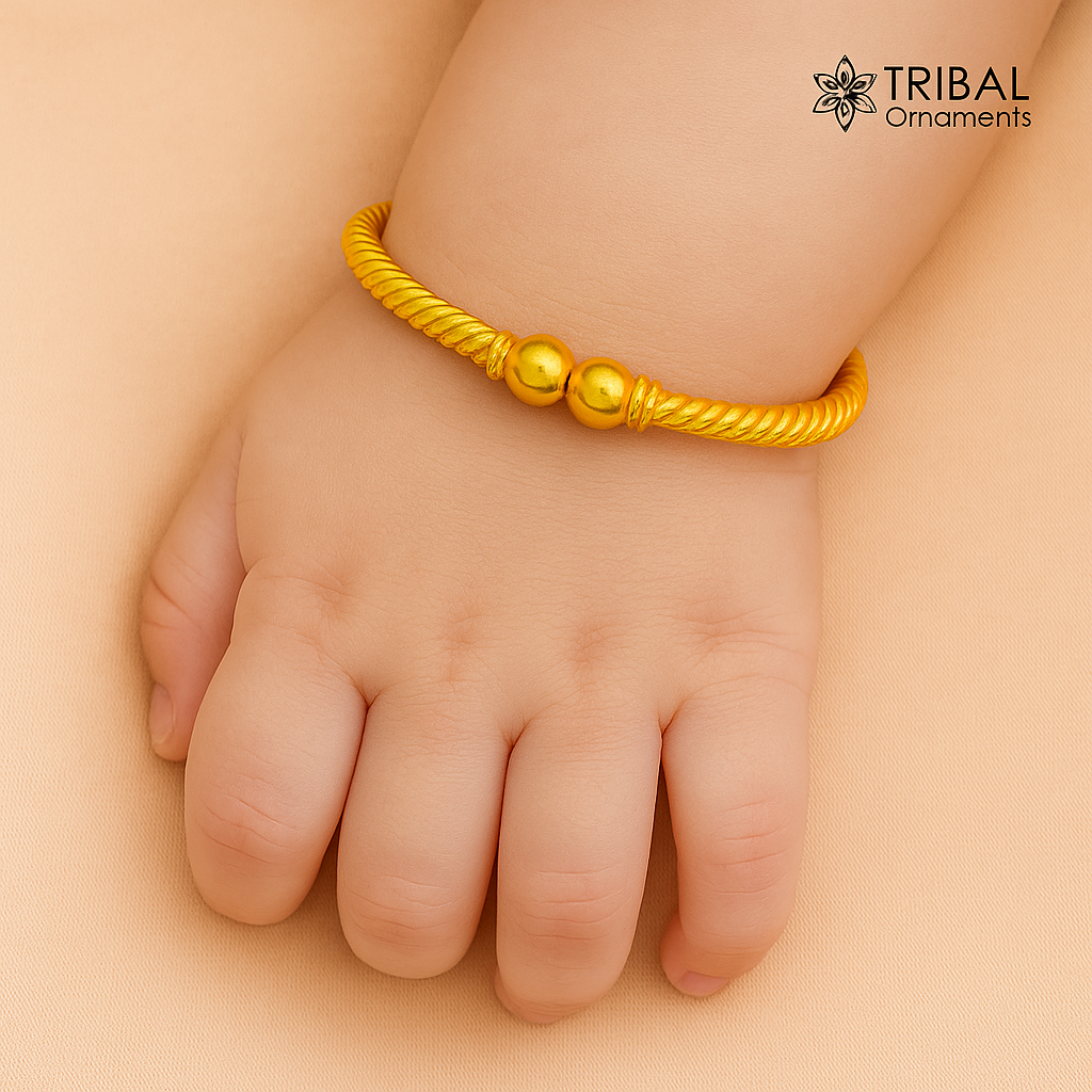 22K yellow gold baby bangle with vintage ball face design, handmade tribal ornament jewelry for kids, hallmarked and certified.
