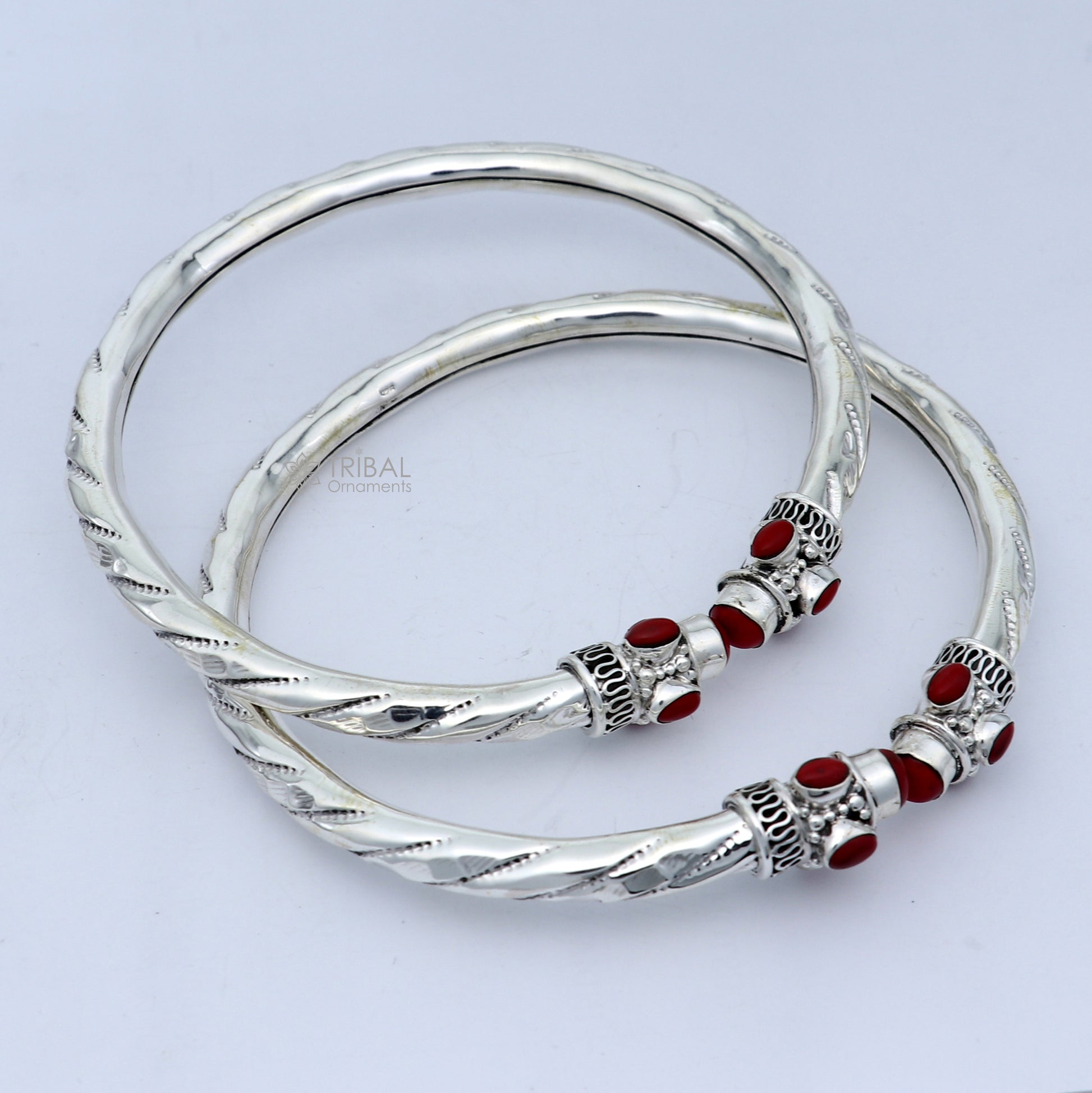 Sterling silver ankle kada bracelet with stylish design and vibrant coral stone, crafted by TRIBAL ORNAMENTS.