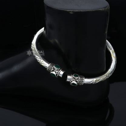 Sterling silver ankle kada bracelet with stylish design and green stone accent, tribal ornament ankle bangle for women.