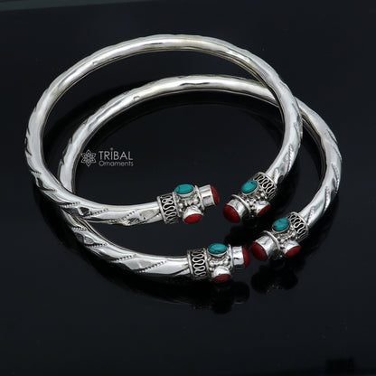 925 sterling silver ankle kada bracelet with colorful stones, stylish tribal design ankle bangle from Tribal Ornaments.