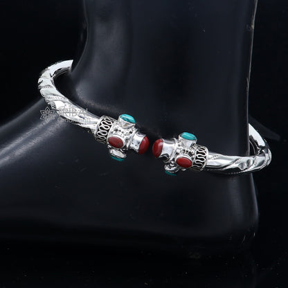 925 sterling silver ankle kada with colorful stones, stylish tribal design ankle bangle bracelet from TRIBAL ORNAMENTS.