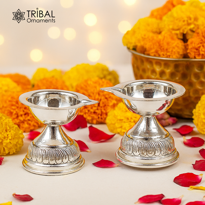Sterling silver oil lamp with customized chitai and kandrai work, traditional Deepak for puja and temple rituals.