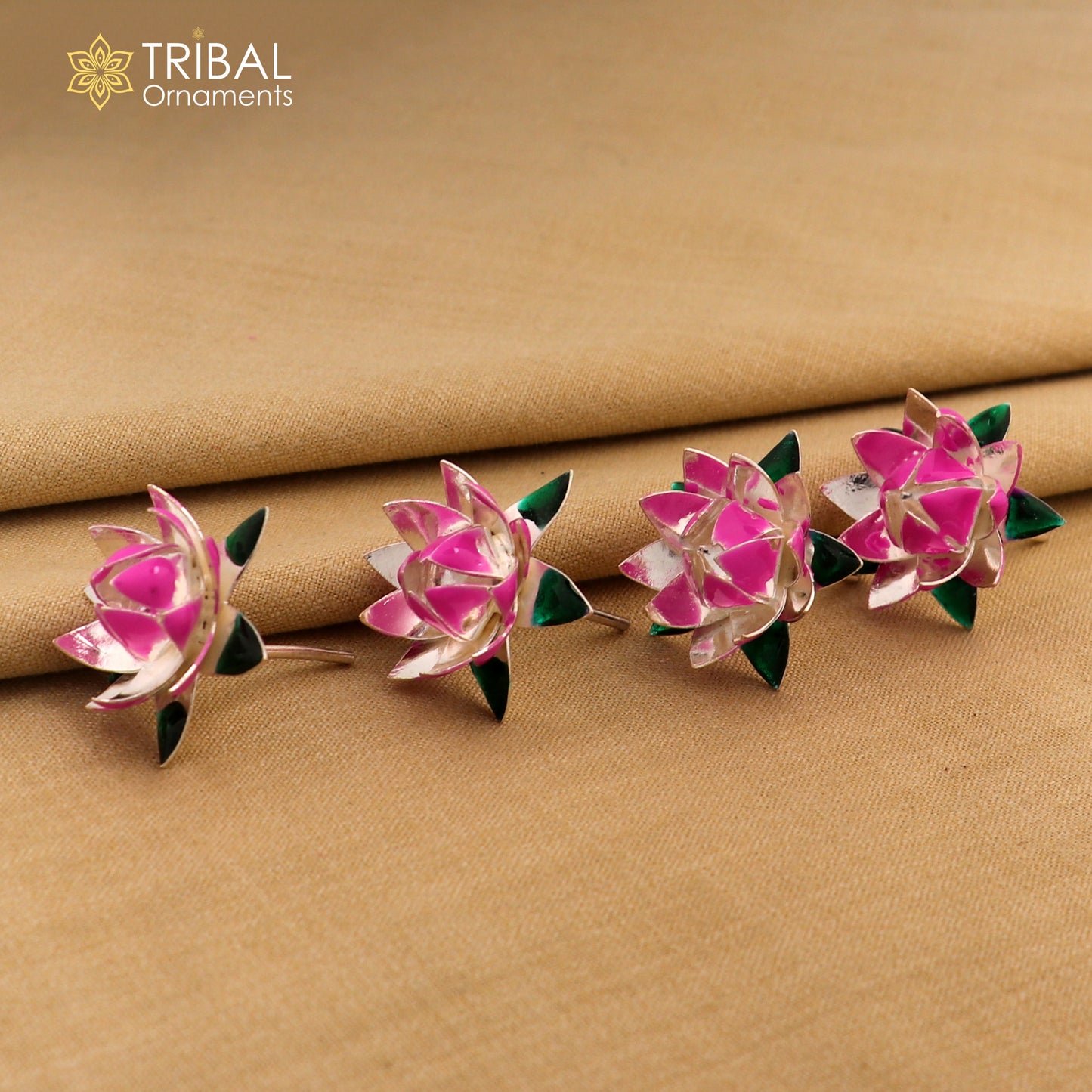 Handmade 925 sterling silver small lotus flower for puja and temple worship, featuring customized enamel design by TRIBAL ORNAMENTS.