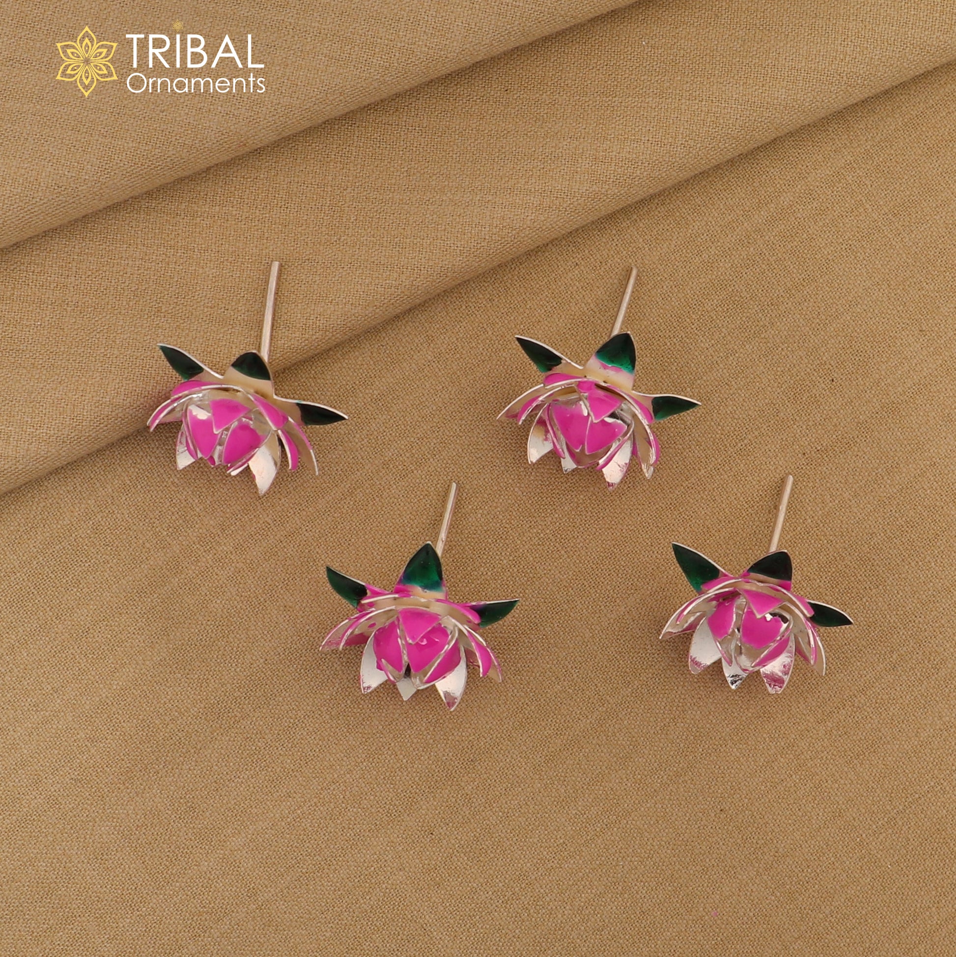 Handmade 925 sterling silver small lotus flower puja god temple article with colorful enamel, crafted by TRIBAL ORNAMENTS.