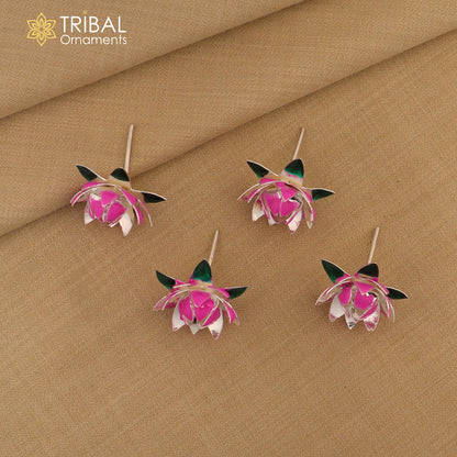 Handmade 925 sterling silver small lotus flower puja god temple article with colorful enamel, crafted by TRIBAL ORNAMENTS.