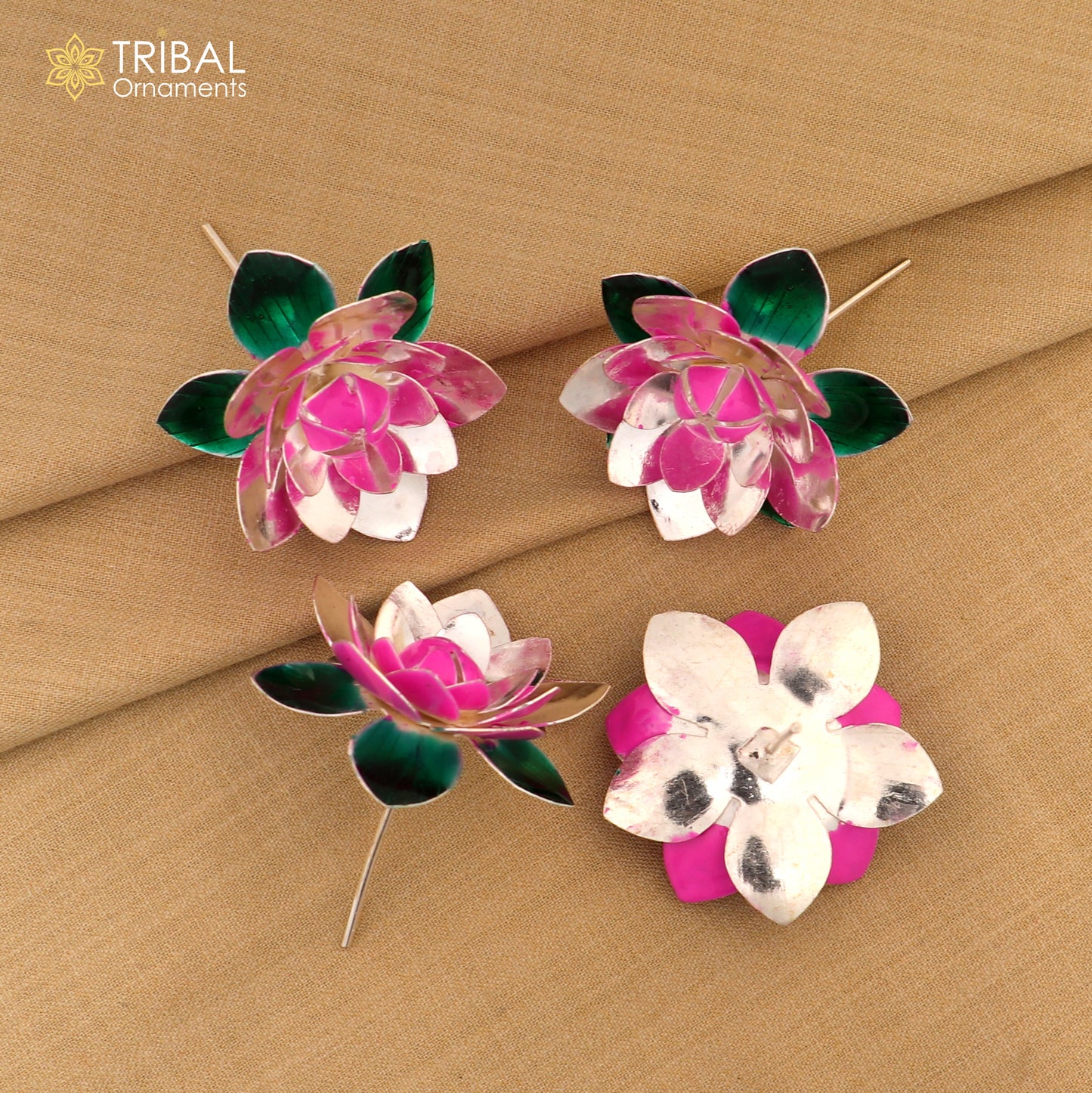 Small handmade lotus flower silver puja god temple article in 925 sterling silver with colorful enamel, crafted by TRIBAL ORNAMENTS.
