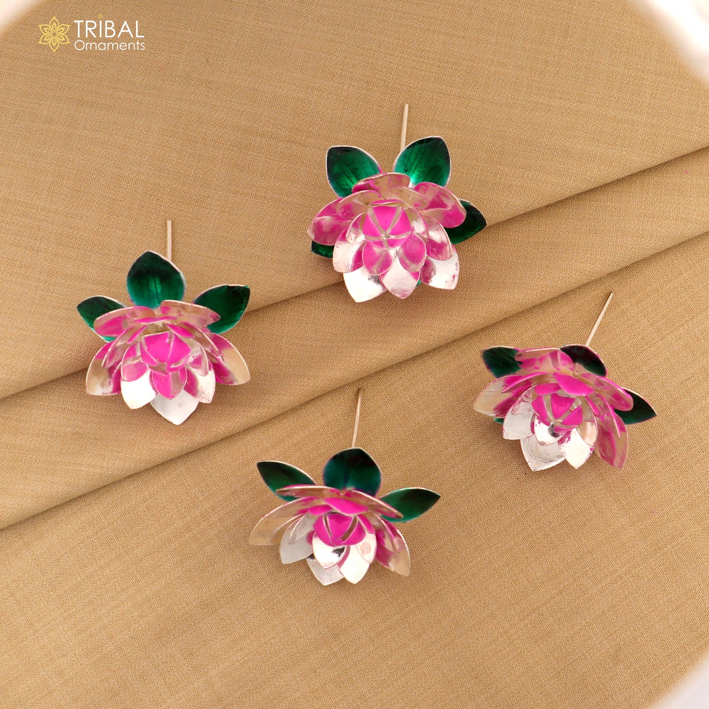 Handmade 925 sterling silver small lotus flower puja god temple article with colorful enamel detail by TRIBAL ORNAMENTS.