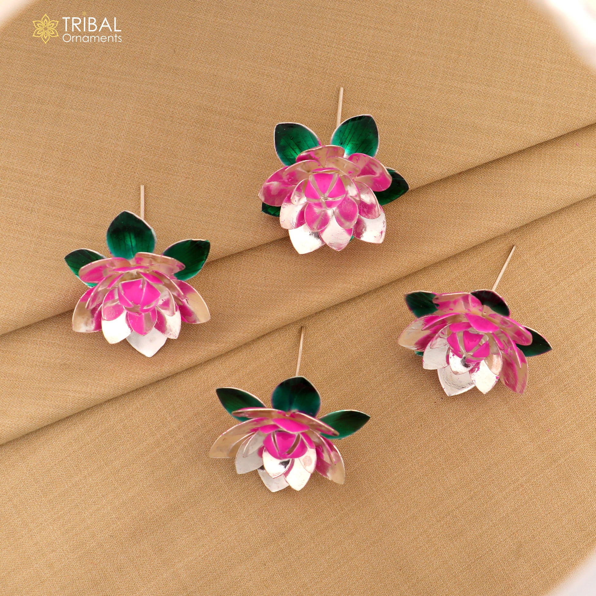 Handmade 925 sterling silver small lotus flower puja god temple article with colorful enamel detail by TRIBAL ORNAMENTS.