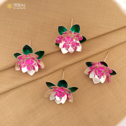 Handmade 925 sterling silver small lotus flower puja god temple article with colorful enamel detail by TRIBAL ORNAMENTS.