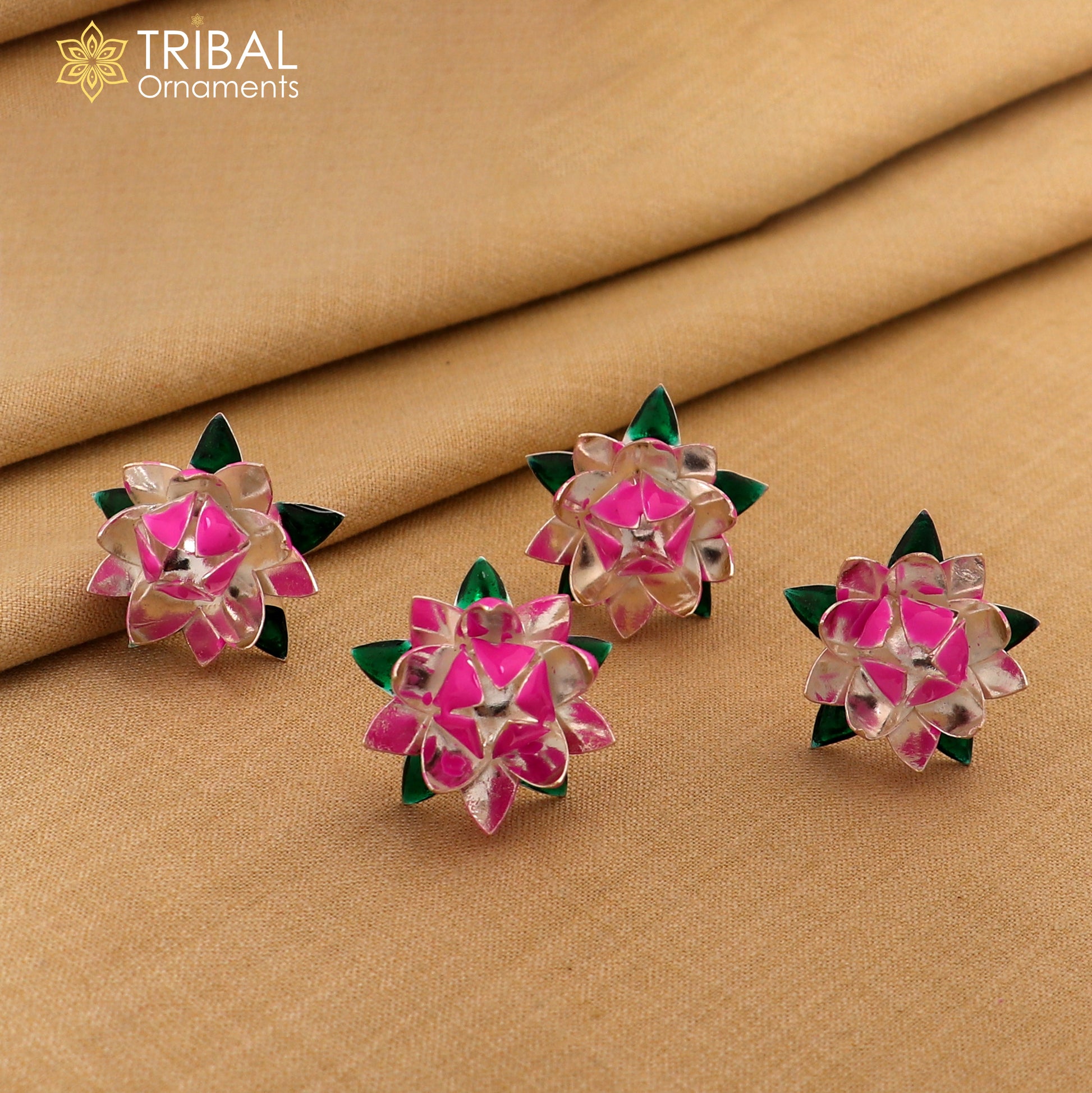 Handmade 925 sterling silver small lotus flower puja god temple article with colorful enamel detailing from TRIBAL ORNAMENTS.