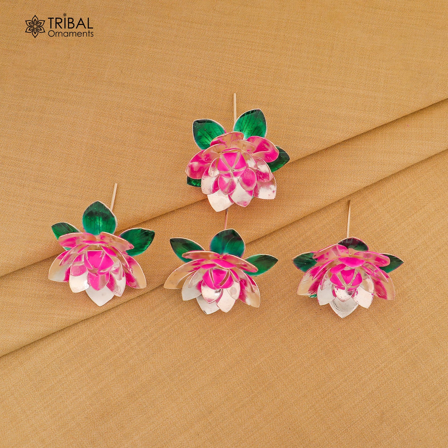 Handmade 925 sterling silver small lotus flower puja god temple article with colorful enamel detailing by TRIBAL ORNAMENTS.