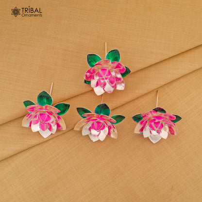 Handmade 925 sterling silver small lotus flower puja god temple article with colorful enamel detailing by TRIBAL ORNAMENTS.