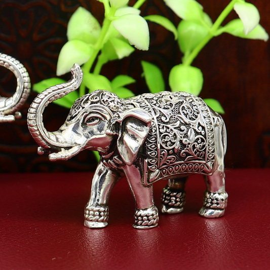 Pure 925 Sterling silver Kandrai work Nakshi design customized Elephant statue, puja article figurine, home décor puja articles art122 - TRIBAL ORNAMENTS