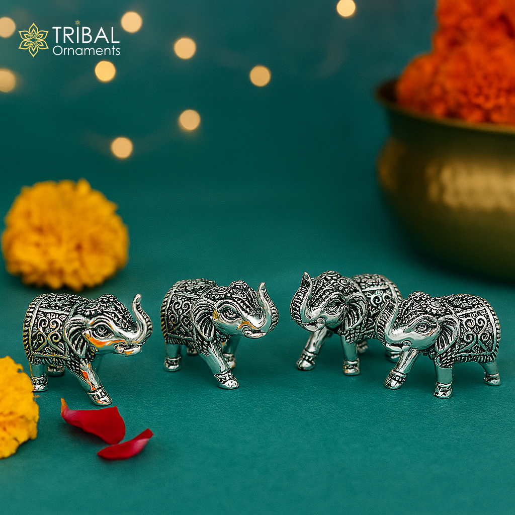 Pure 925 Sterling silver kandrai work nakshi design customized Elephant statue, puja article figurine, home décor puja articles su489 - TRIBAL ORNAMENTS
