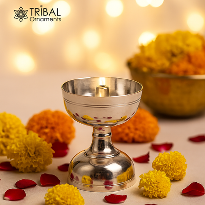 Handmade 925 sterling silver oil lamp with intricate design, suitable for home temple and puja rituals, by TRIBAL ORNAMENTS.