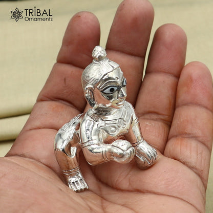 925 sterling silver Krishna idol figurine depicting crawling Laddu Gopal, detailed divine Krishna statue from Tribal Ornaments.