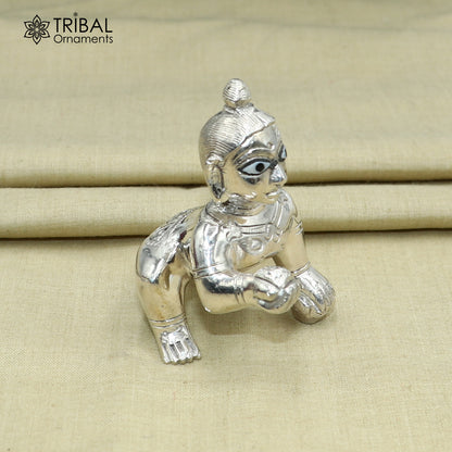 925 sterling silver Krishna idol depicting Laddu Gopal crawling statue, detailed divine Krishna figurine by Tribal Ornaments