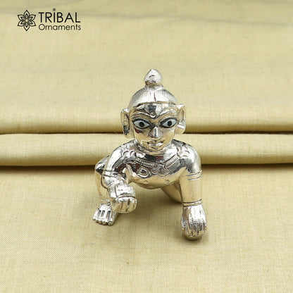 925 sterling silver Krishna idol figurine depicting Laddu Gopal crawling, detailed divine Krishna statue by TRIBAL ORNAMENTS