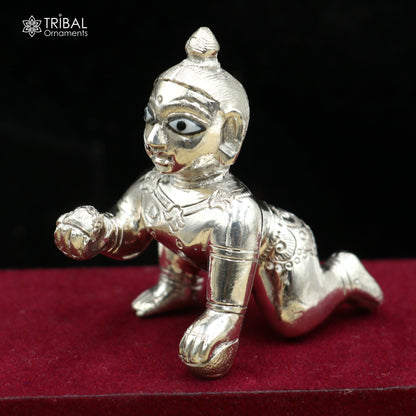 925 sterling silver Krishna idol, Laddu Gopal crawling Krishna figurine by Tribal Ornaments, detailed divine statue art839.