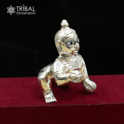 925 sterling silver Krishna idol figurine, Laddu Gopal crawling statue, divine Hindu deity, detailed craftsmanship by TRIBAL ORNAMENTS